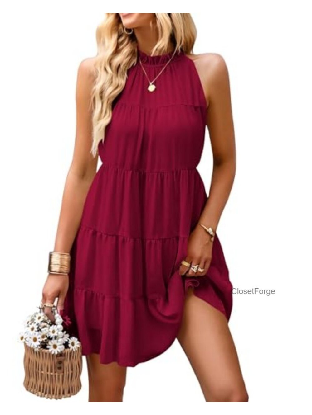Halter Tiered Swing Sundress Babydoll Mini Sleeveless Ruffle Neck